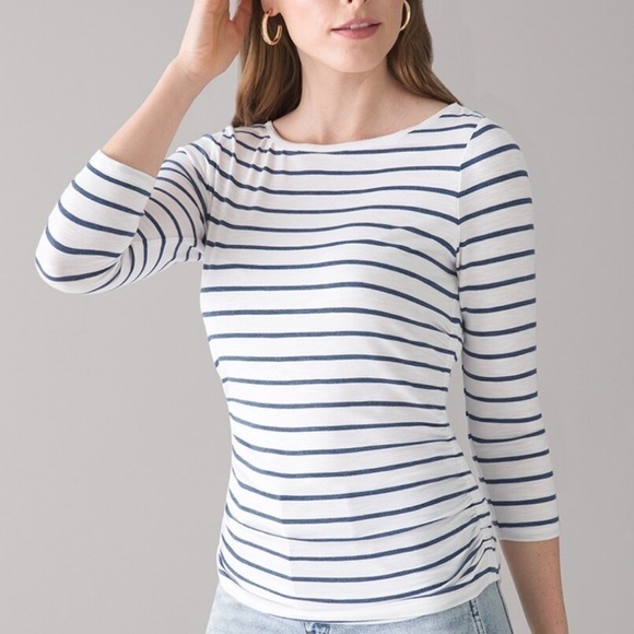 White House Black Market Tops - White House Black Market WHBM Ruched-Side 3/4 Sleeve Tee Stripped XS